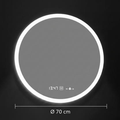 GIULIA Miroir LED rond, 70 cm, capteur MotionGlow, système anti-buée, horloge et thermomètre, variable, Marcello Funghi