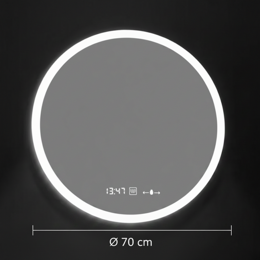 GIULIA Miroir LED rond, 70 cm, capteur MotionGlow, système anti-buée, horloge et thermomètre, variable, Marcello Funghi