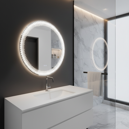 Miroir LED rond Nexos, 60 cm, 24 W, lumière chaude/froide/neutre, capteur, système anti-buée, horloge, intensité variable