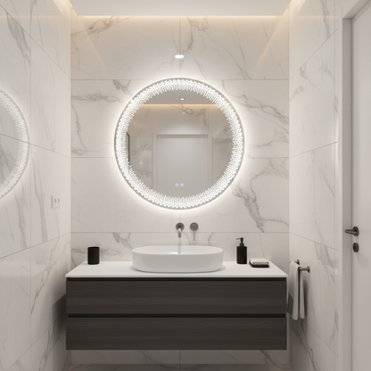 Miroir LED rond Nexos, 60 cm, 24 W, lumière chaude/froide/neutre, capteur, système anti-buée, horloge, intensité variable