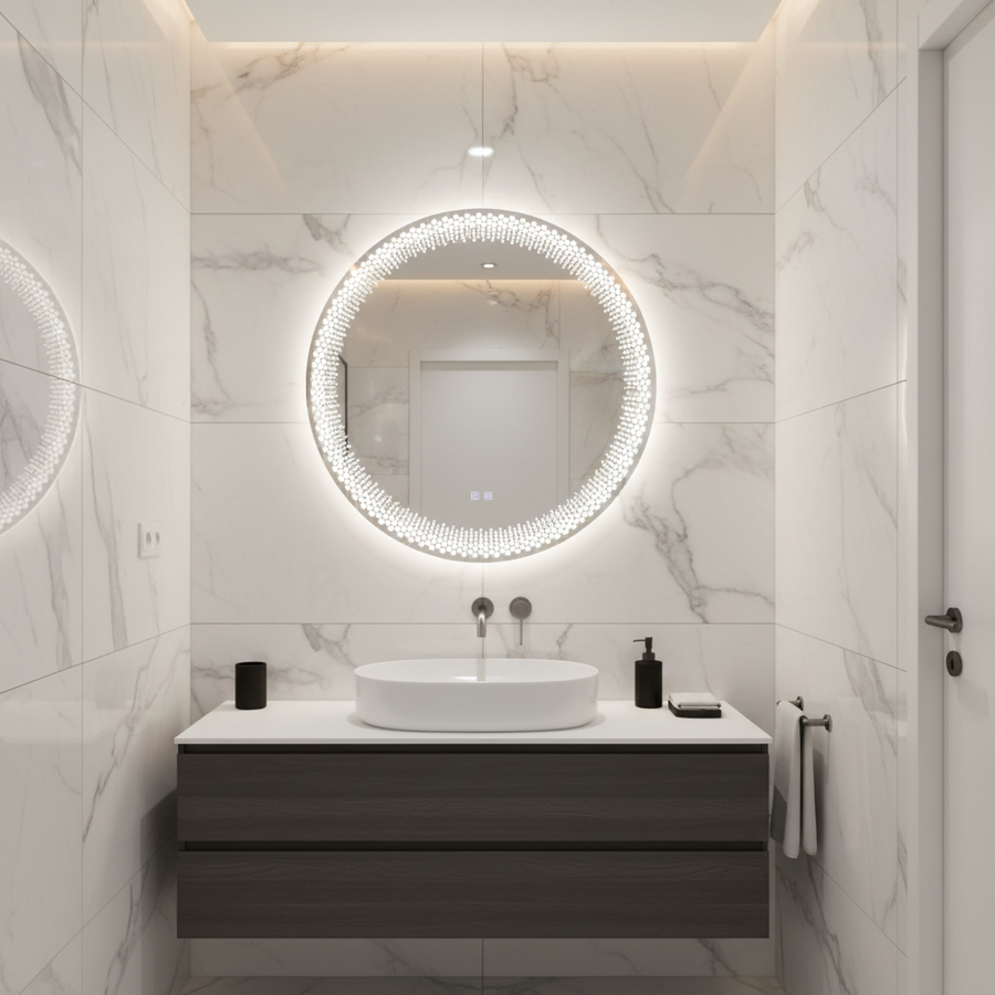 Miroir LED rond Nexos, 60 cm, 24 W, lumière chaude/froide/neutre, capteur, système anti-buée, horloge, intensité variable