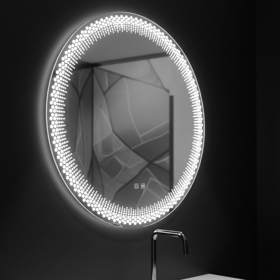 Miroir LED rond Nexos, 60 cm, 24 W, lumière chaude/froide/neutre, capteur, système anti-buée, horloge, intensité variable