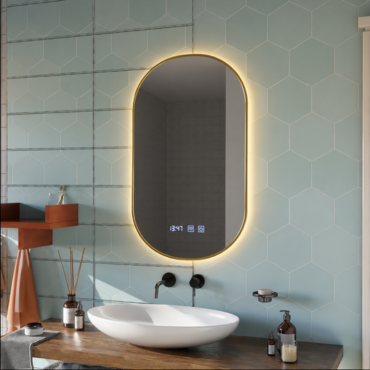 Konrad Miroir tactile LED avec système de désembuage, horloge et température, cadre doré brossé 50 x 80 cm, lumière froide neutre et chaude 3000 K/4000 K/6000 K.