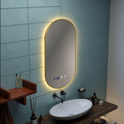 Konrad Miroir tactile LED avec système de désembuage, horloge et température, cadre doré brossé 50 x 80 cm, lumière froide neutre et chaude 3000 K/4000 K/6000 K.