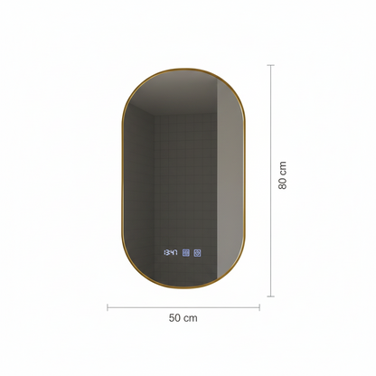 Konrad Miroir tactile LED avec système de désembuage, horloge et température, cadre doré brossé 50 x 80 cm, lumière froide neutre et chaude 3000 K/4000 K/6000 K.
