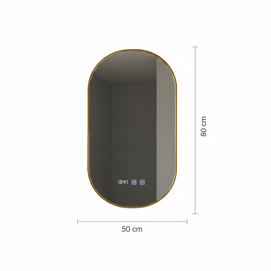 Konrad Miroir tactile LED avec système de désembuage, horloge et température, cadre doré brossé 50 x 80 cm, lumière froide neutre et chaude 3000 K/4000 K/6000 K.