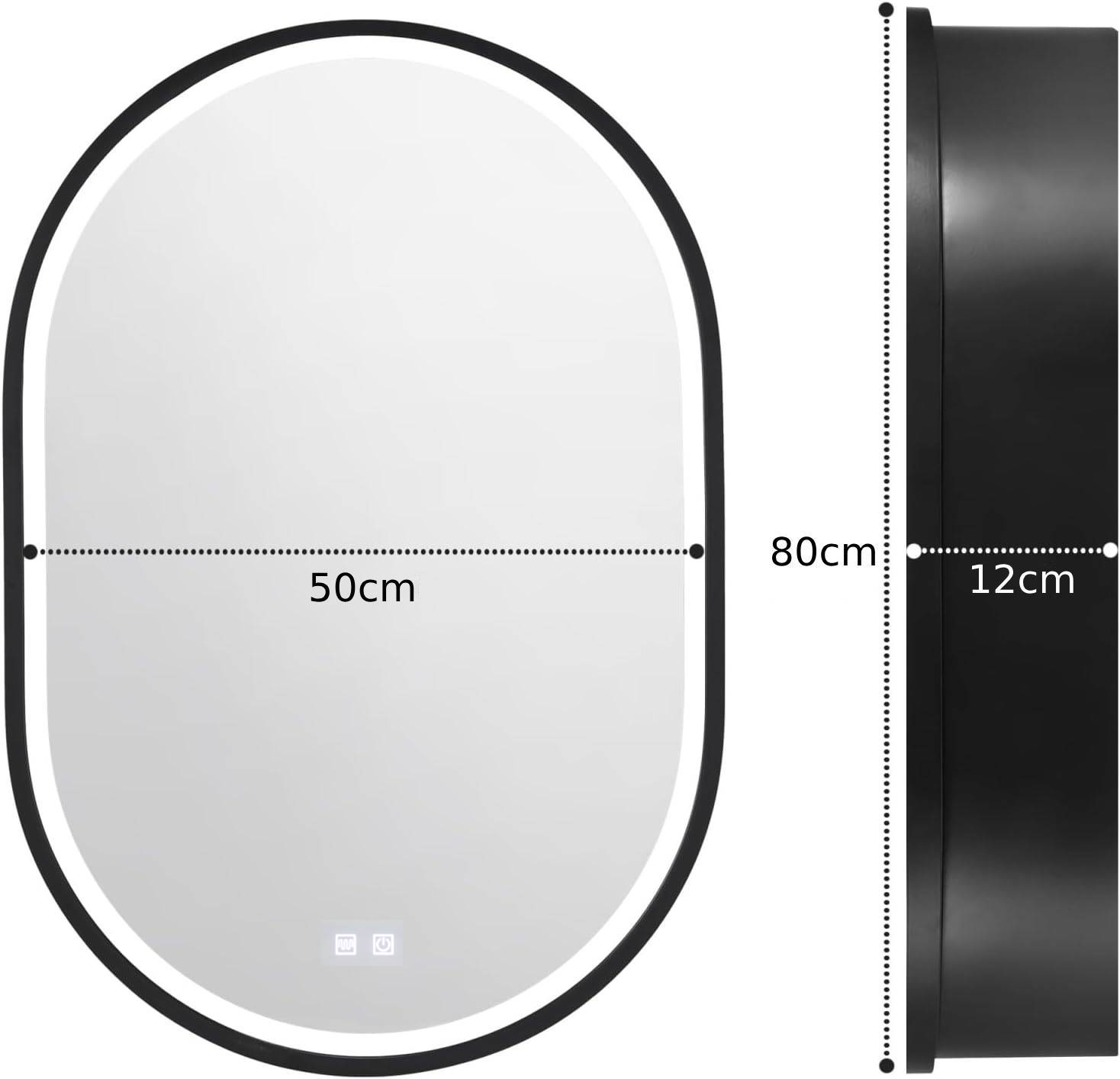 Miroir LED avec armoire, ovale, 50x80 cm, désembuage, lumière froide/chaude/neutre, cadre noir, espace de rangement Miroirs d'armoire Titre par défaut Alessandro Design