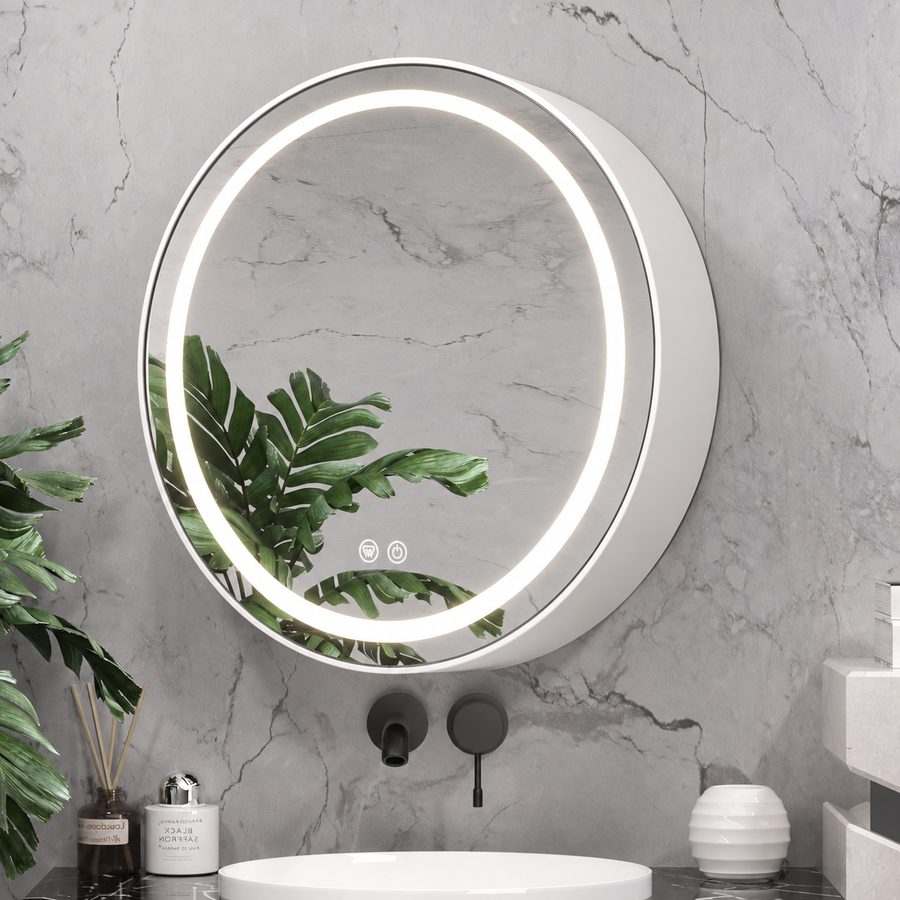 Miroir LED avec meuble, rond, 10W, 50x50cm, anti-buée, cadre noir, espace de rangement