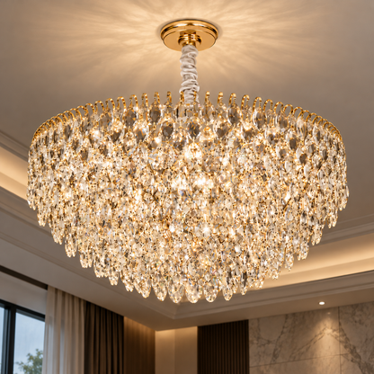ERDENET Magno Lustre en cristal, 12xE14, diamètre 60 cm, métal et cristal, or brillant, hauteur réglable