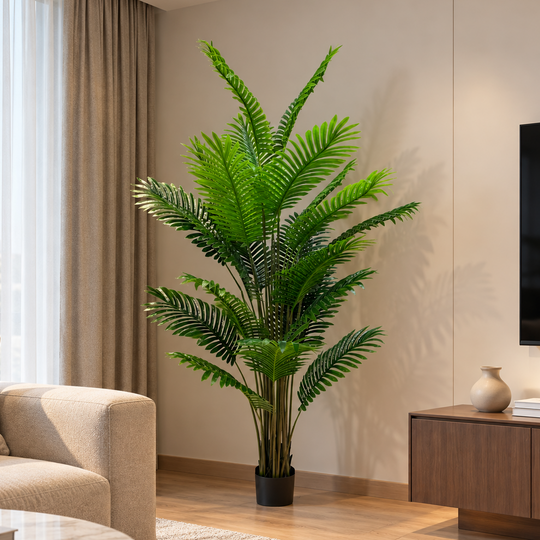 Plante artificielle de type palmier Areca, 25 feuilles, 190 cm, Vert