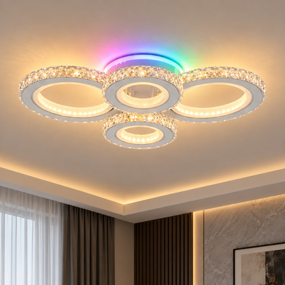 Plafonnier LED avec télécommande et cristal NOVA ROTONDA RGB 82W, 4 Cercles, Lumière Froid/Chaud/Neutre, Dimmable, Blanc