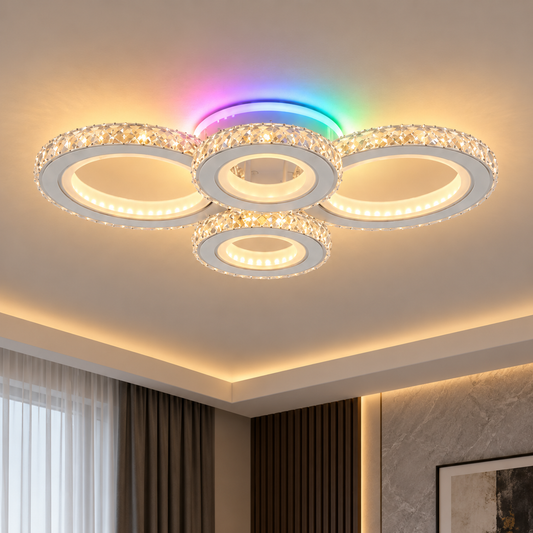 Plafonnier LED avec télécommande et cristal NOVA ROTONDA RGB 82W, 4 Cercles, Lumière Froid/Chaud/Neutre, Dimmable, Blanc