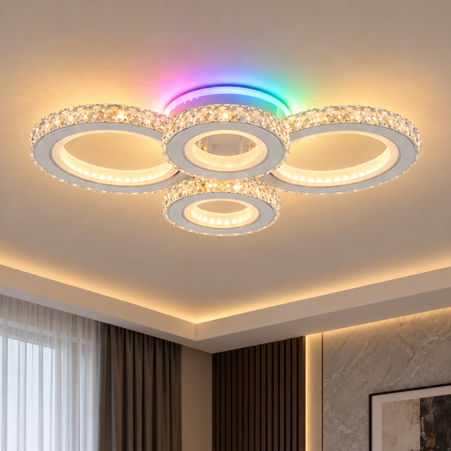 Plafonnier LED avec télécommande et cristal NOVA ROTONDA RGB 82W, 4 Cercles, Lumière Froid/Chaud/Neutre, Dimmable, Blanc