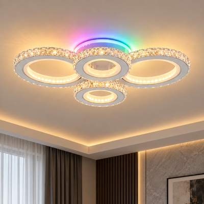 Plafonnier LED avec télécommande et cristal NOVA ROTONDA RGB 82W, 4 Cercles, Lumière Froid/Chaud/Neutre, Dimmable, Blanc