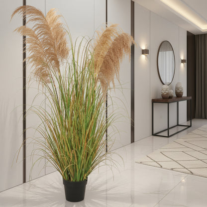 Herbe ornementale artificielle, 170 cm, avec 7 brins, roseau et herbe, vert foncé, sans pot