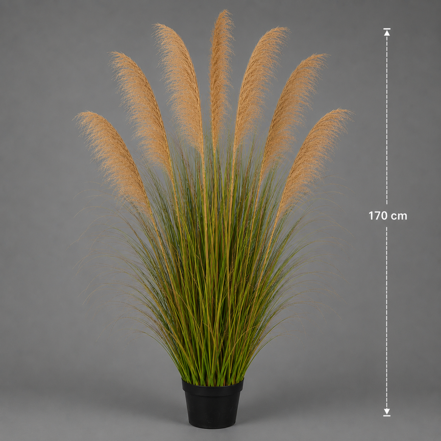 Herbe ornementale artificielle, 170 cm, avec 7 brins, roseau et herbe, vert foncé, sans pot