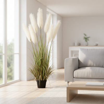 Herbe ornementale artificielle, 220 cm, avec 7 brins, roseau et herbe, vert et blanc, sans pot