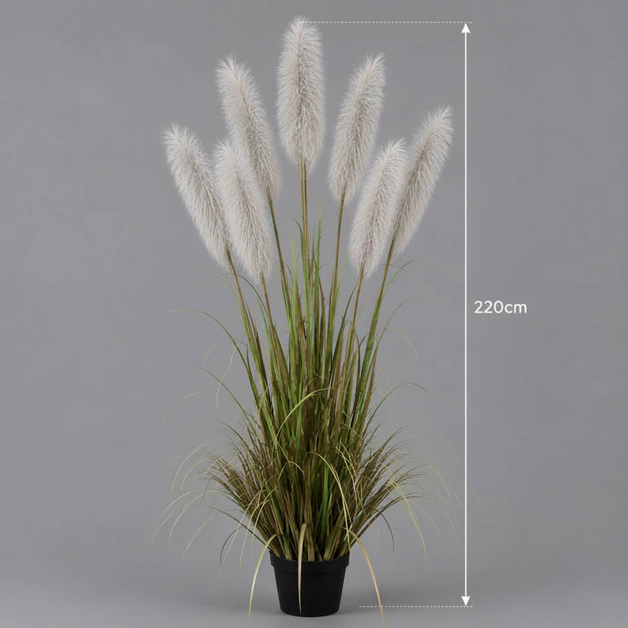 Herbe ornementale artificielle, 220 cm, avec 7 brins, herbe Reed sj, vert et gris, sans pot
