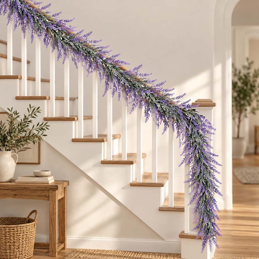 Guirlande de lavande décorative de plantes artificielles, aspect riche, 185 cm, 122 branches, vert et violet, lot de 2