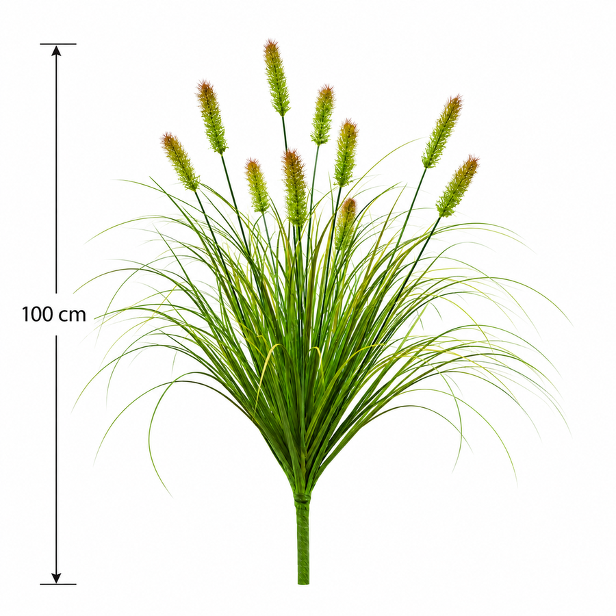 Plante d'herbe ornementale artificielle de type queue de renard, 100 cm, avec 12 épices, verte et brune, sans pot