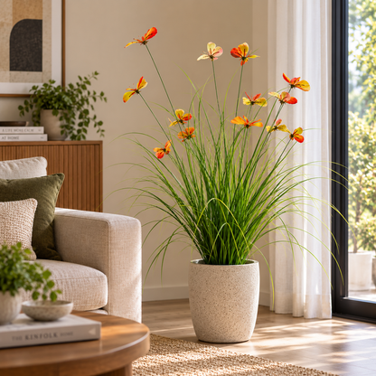Plante ornementale de gazon artificiel à papillons, 100 cm, avec 13 fleurs, vertes et rouges, sans pot