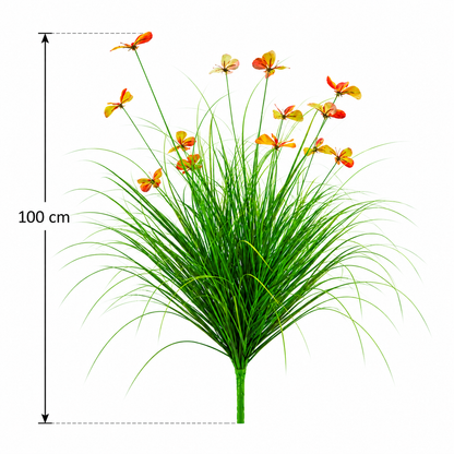 Plante ornementale de gazon artificiel à papillons, 100 cm, avec 13 fleurs, vertes et rouges, sans pot