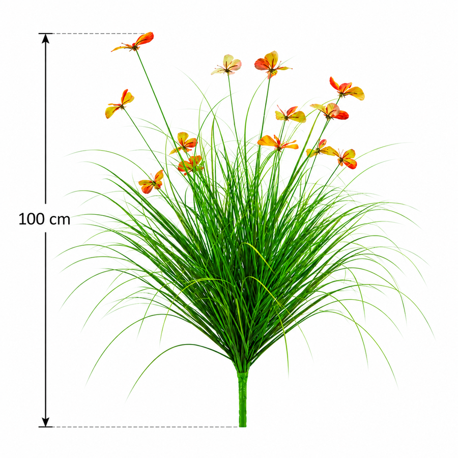 Plante ornementale de gazon artificiel à papillons, 100 cm, avec 13 fleurs, vertes et rouges, sans pot