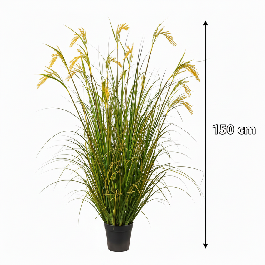 Plante artificielle ornementale, type épice de riz, 150 cm, avec 17 fils, vert et jaune, sans pots