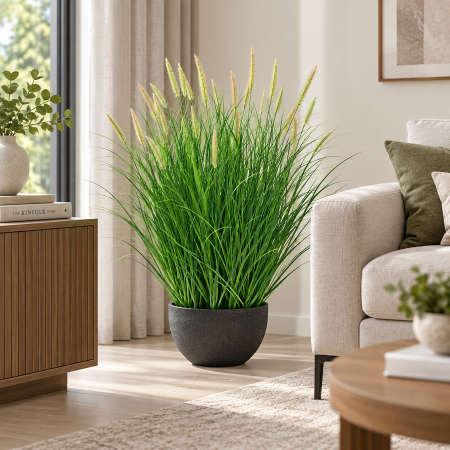 Plante artificielle, herbe ornementale en pot sétaire, 70 cm, avec 25 épices, vert et rose