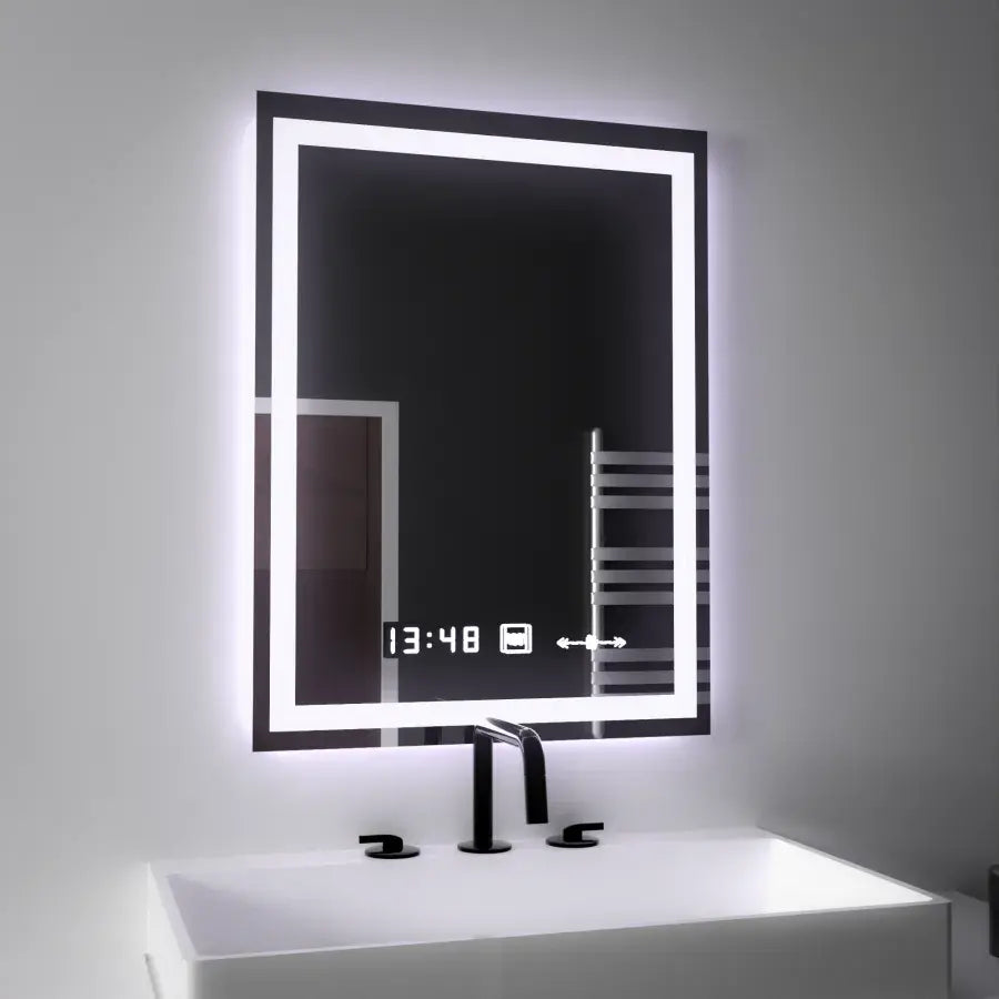Miroir LED rectangulaire, 45x60 cm, Verite MotionGlow Marcello, système anti-buée, horloge et thermomètre, intensité variable