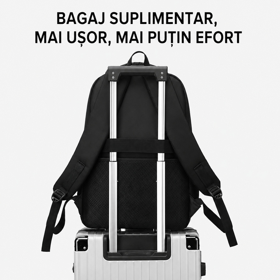 Rucsac Travel Business SHEKI, 47x32x14 cm, Oxford, Negru si Albastru