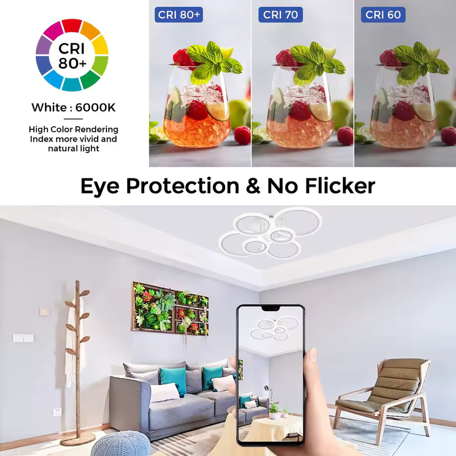 Lustre LED avec télécommande BETTY 82W, 6 Cercles, Lumière Froide/Chaude/Neutre, Dimmable, Blanc