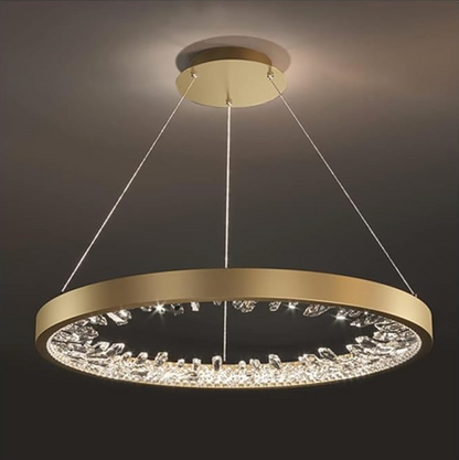 Lustre LED suspendu avec télécommande, cristaux K9, 29W, 1 cercle, lumière froide/chaude/neutre, dimmable, doré, hauteur réglable