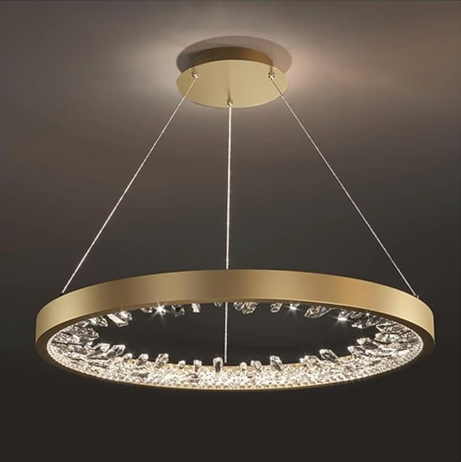 Lustre LED suspendu avec télécommande, cristaux K9, 29W, 1 cercle, lumière froide/chaude/neutre, dimmable, doré, hauteur réglable