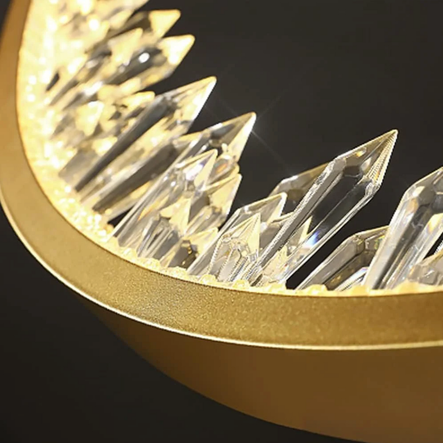 Lustre LED suspendu avec télécommande, cristaux K9, 29W, 1 cercle, lumière froide/chaude/neutre, dimmable, doré, hauteur réglable