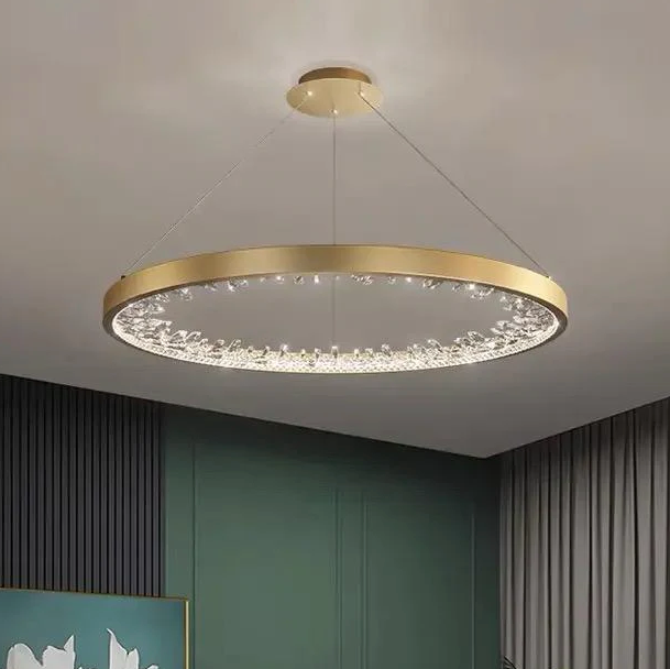 Lustre LED suspendu avec télécommande, cristaux K9, 29W, 1 cercle, lumière froide/chaude/neutre, dimmable, doré, hauteur réglable