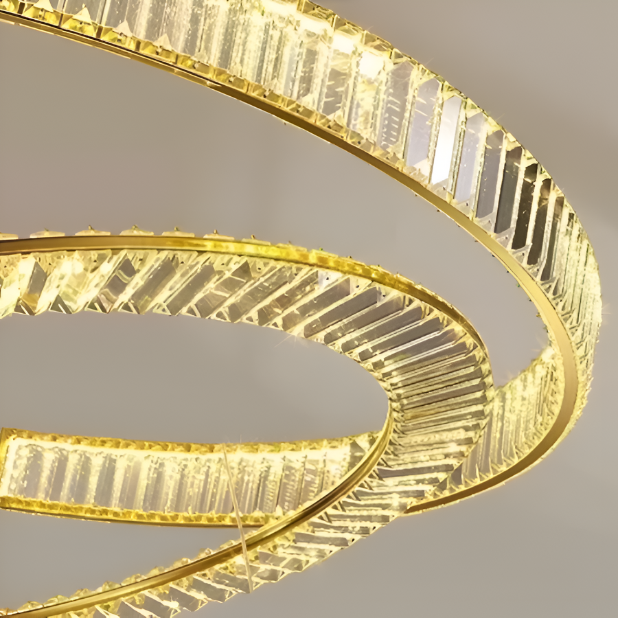 Lustre LED suspendu avec télécommande et cristal PRISM REGAL 120W, 2 Cercles, Lumière Froid/Chaud/Neutre, Dimmable, Doré, Hauteur Réglable