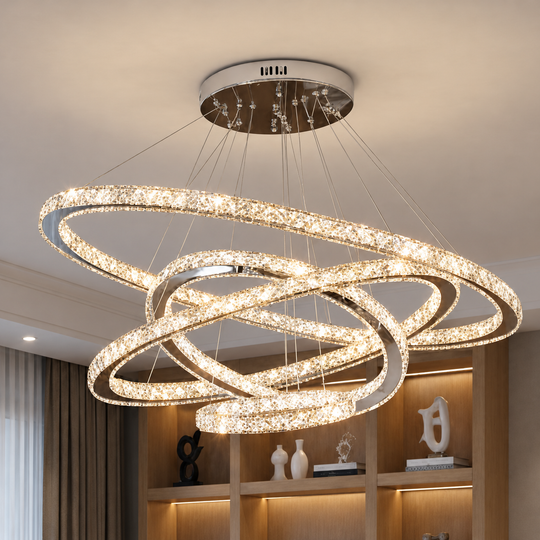 Lustre LED avec télécommande PRISM Luminis, cristal et métal, 210 W, 4 cercles, intensité variable, lumière froide/chaude/neutre, éclairage luxueux