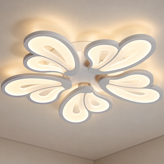 Lustre LED avec télécommande BLOSSOM 95W, 5 Pétales, Lumière Froide/Chaude/Neutre 3000K/4000K/6000K, Dimmable, Blanc, Métal et Acrylique