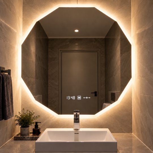 Miroir LED 70cm, capteur POLIGON MotionGlow Marcello, système anti-buée, Horloge & Thermomètre, Dimabila 084