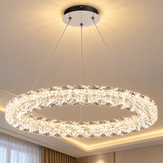 VENTANA Lustre LED en Cristal avec télécommande, 25W, Lumière Chaude/Neutre/Froide, Φ39 cm, Hauteur réglable, Métal et Cristal, Or