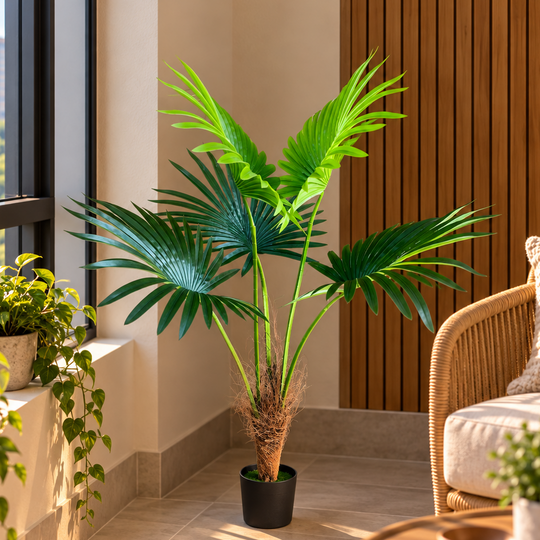 Plante artificielle de type palmier en éventail Livistona, 5 feuilles, 120 cm, vert