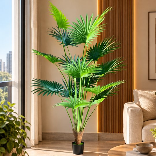 Plante artificielle de type palmier Livistona, 15 feuilles, 200 cm, vert
