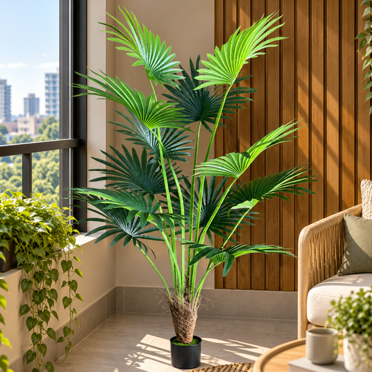 Plante artificielle de type palmier en éventail Livistona, 12 feuilles, 180 cm, vert
