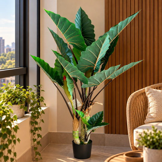 Plante Alocasia artificielle à larges feuilles, 3 troncs, 160 cm, vert