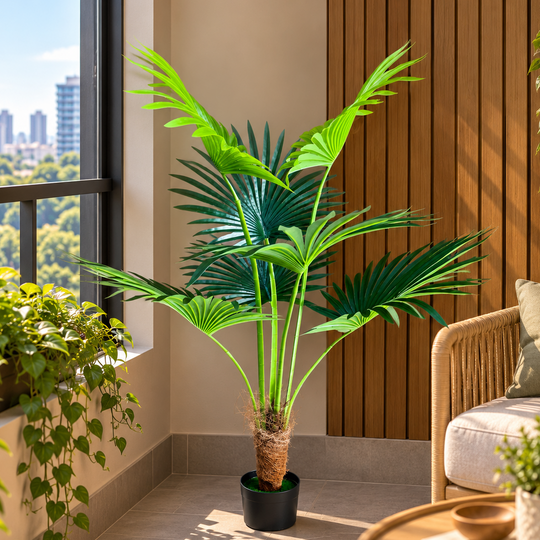 Plante artificielle de type palmier Livistona, 7 feuilles, 140 cm, vert