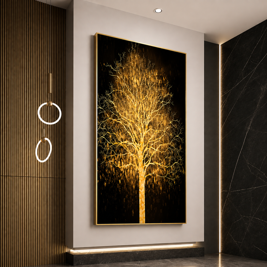Tablou Sticla cu iluminare LED Arbore Auriu, 60 x 120 cm, 24W, Lumina Neutra, Aliaj de Aluminiu si MDF