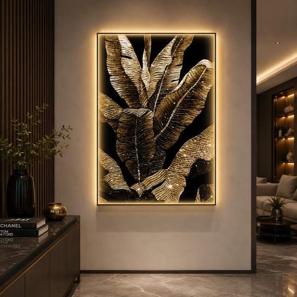 Tablou Decorativ cu Iluminare LED Frunze de Bananier, 80 x 160 cm, 24W, Lumina Neutra, Aliaj de Aluminiu si MDF