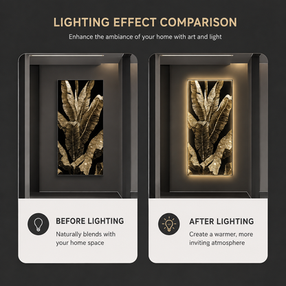 Tablou Sticla cu iluminare LED Frunze de Bananier, 80 x 160 cm, 24W, Lumina Neutra, Aliaj de Aluminiu si MDF