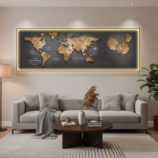 Tablou Sticla cu iluminare LED Harta a Lumii, 120 x 60 cm, 24W, Lumina Neutra, Aliaj de Aluminiu si MDF